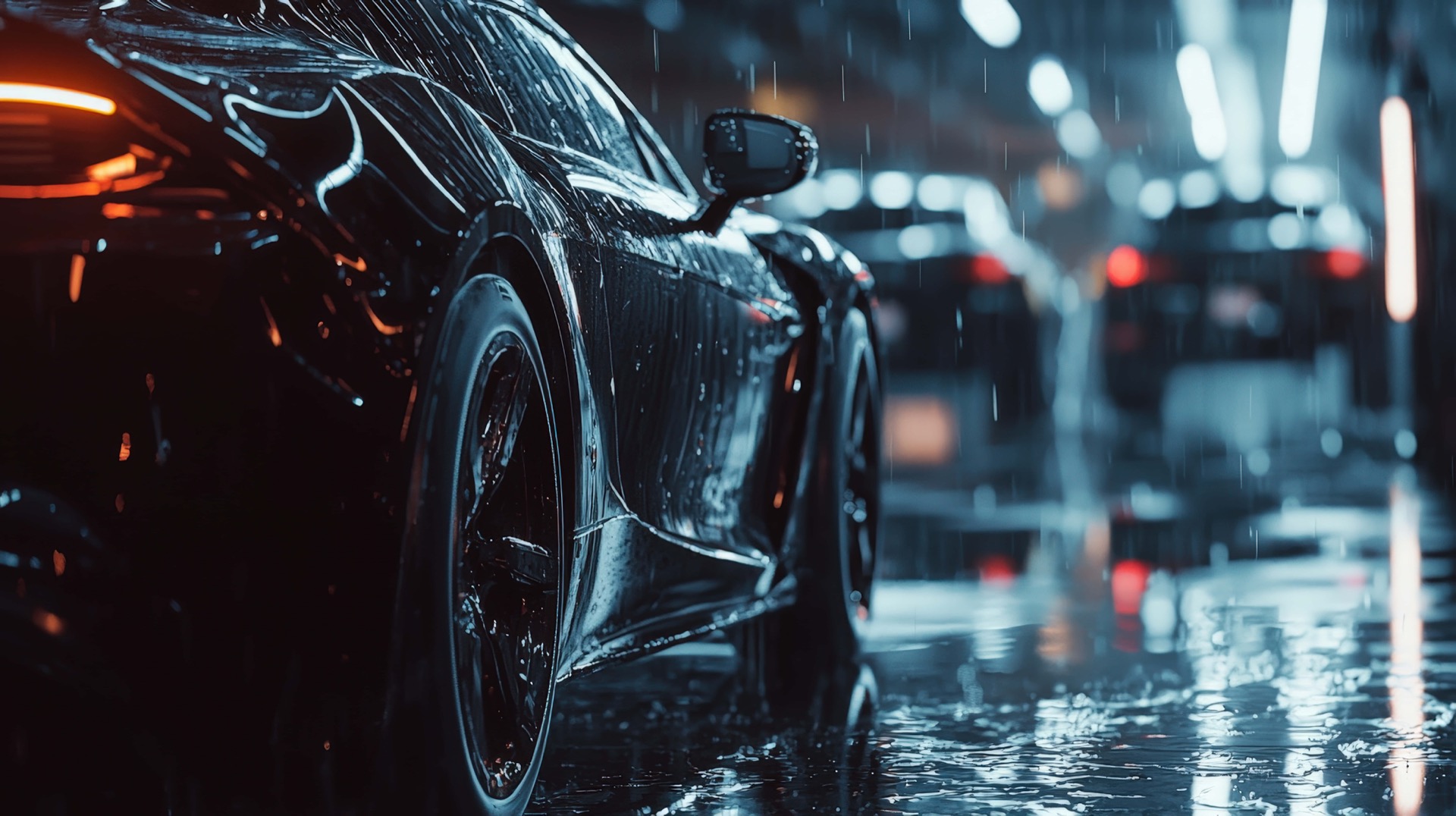 Sleek sports car on a rainy city street at night